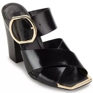 DKNY Buckle Slide 4" Heel Black Leather‎ Gold Accents Dress Up Sandals 8.5